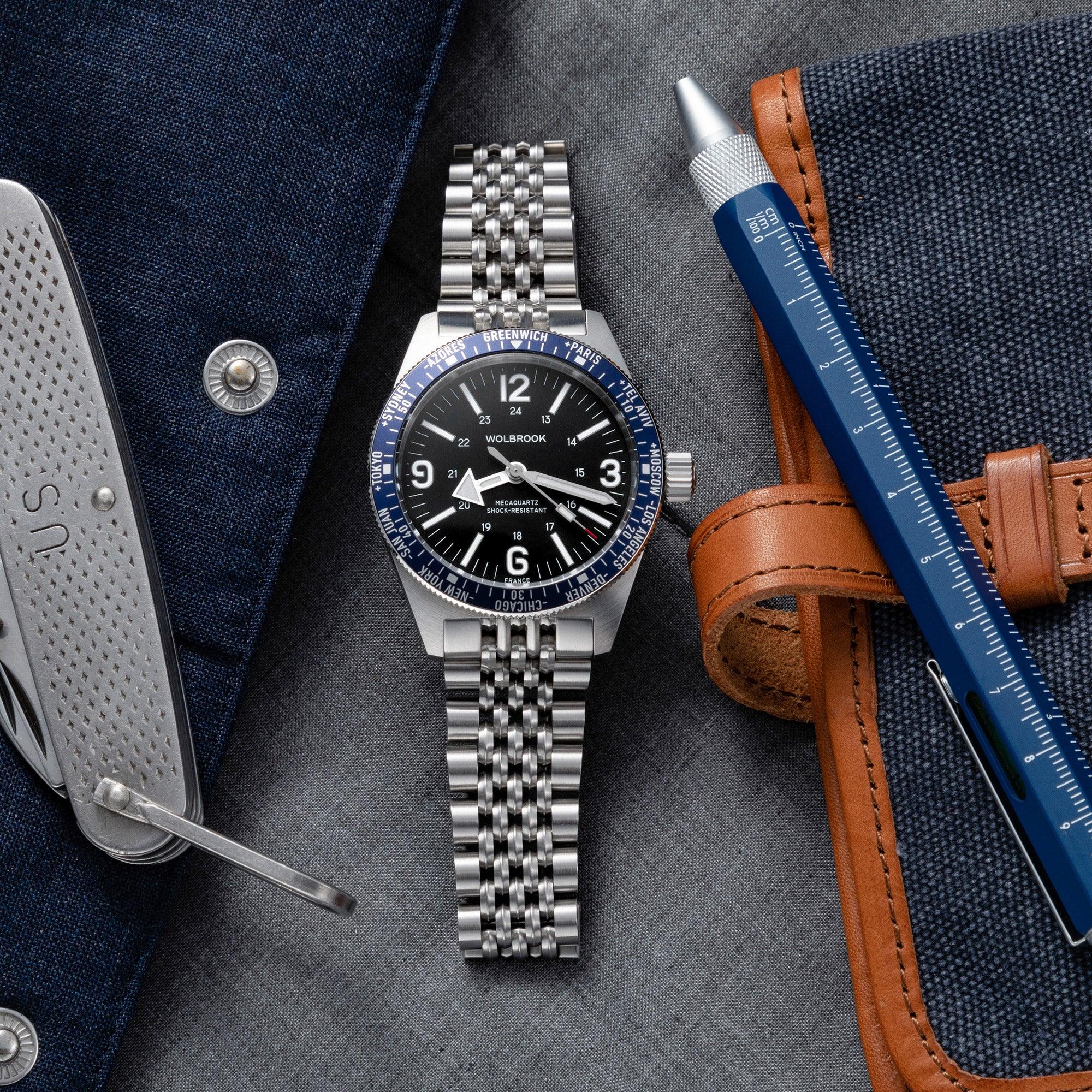 Skindiver WT Mecaquartz Watch Blue, Black Steel – Wolbrook Watches