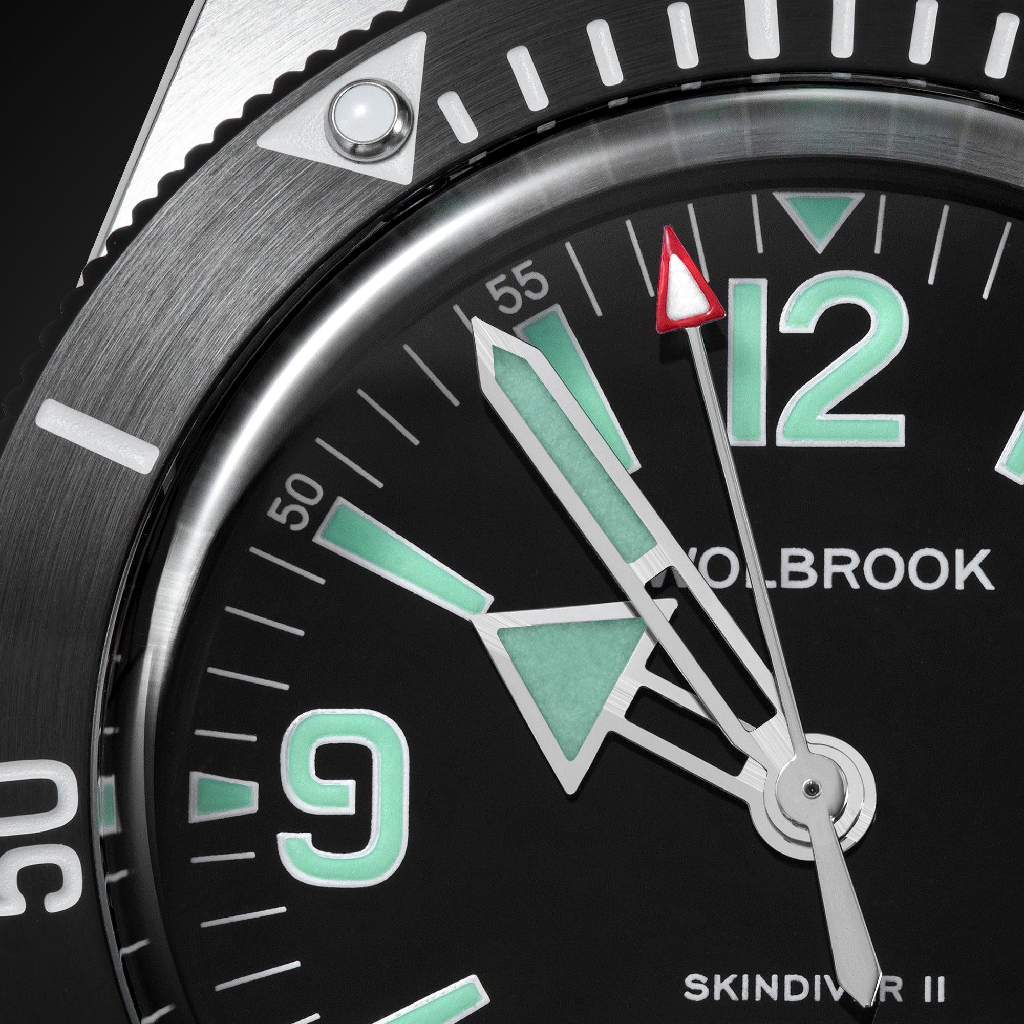 Skindiver II Automatic Dive Watch - Green Lum & Black Dial - Wolbrook Watches