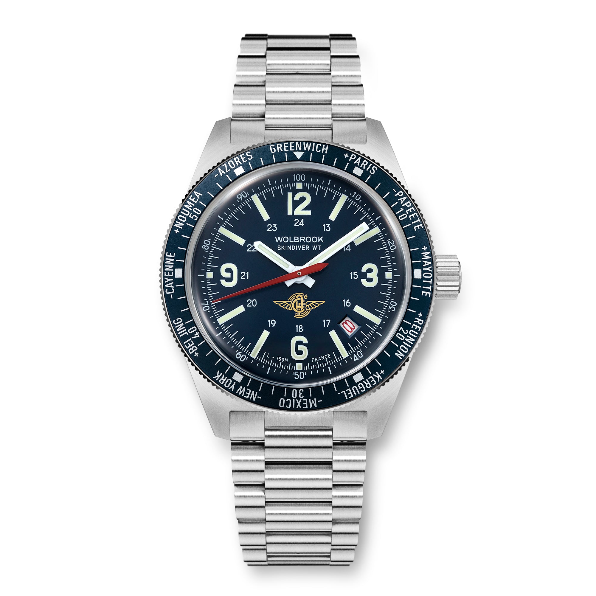 Wolbrook Skindiver WT Automatic Aéro-Club de France Special Edition watch with stainless steel 3-link bracelet front view