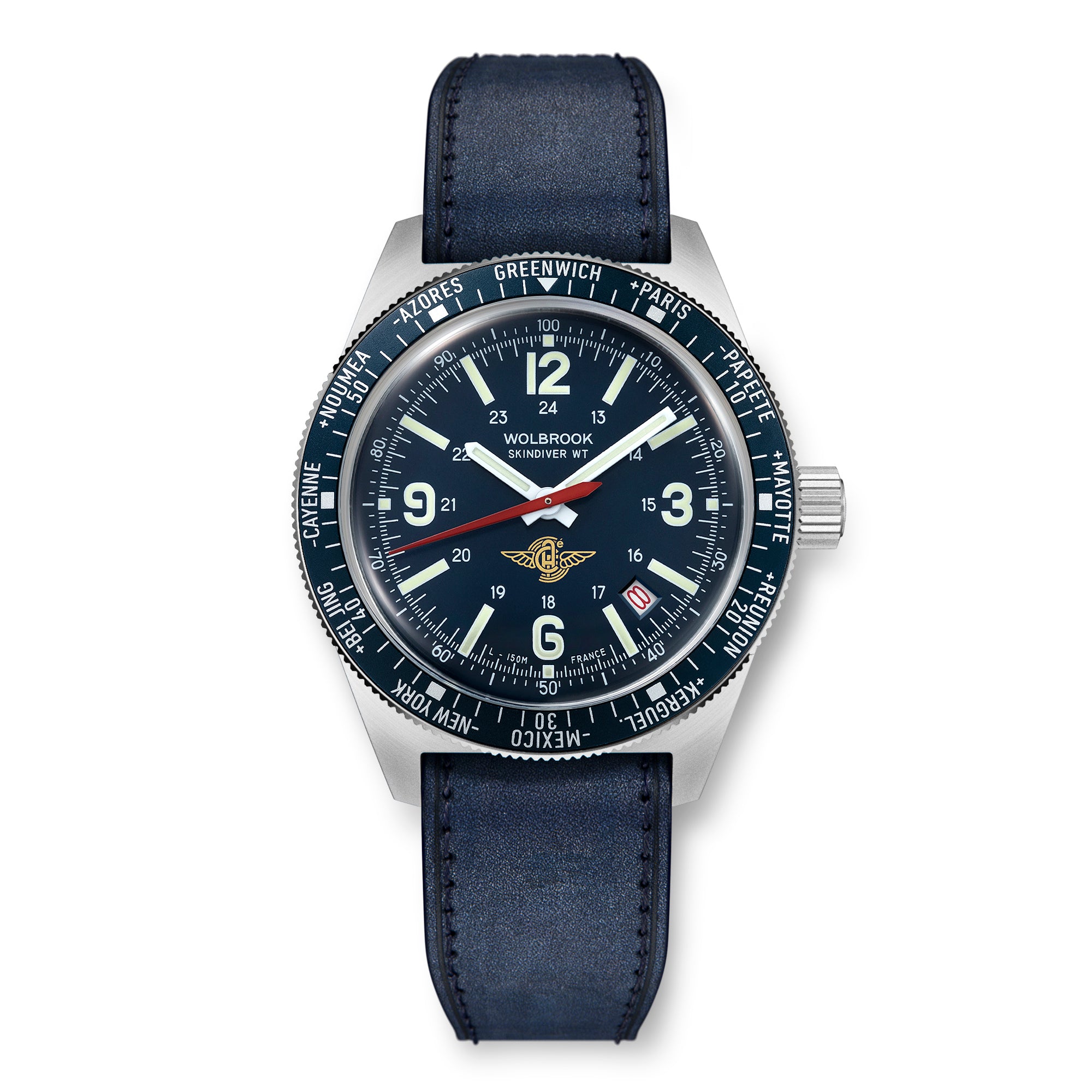 Wolbrook Skindiver WT Automatic Aéro-Club de France Special Edition watch with blue leather strap front view