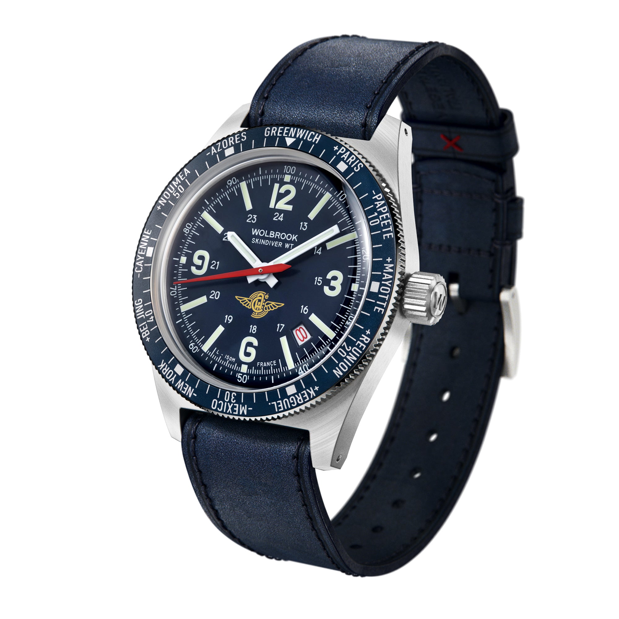 Wolbrook Skindiver WT Automatic Aéro-Club de France Special Edition watch blue leather strap angled front view