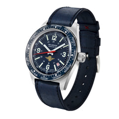 Wolbrook Skindiver WT Automatic Aéro-Club de France Special Edition watch blue leather strap angled front view