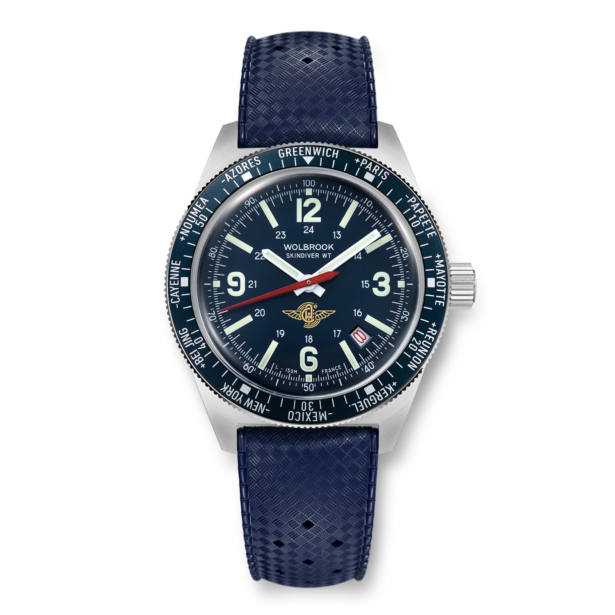 Wolbrook Skindiver WT Automatic Aéro-Club de France Special Edition watch with blue Tropic rubber strap front view