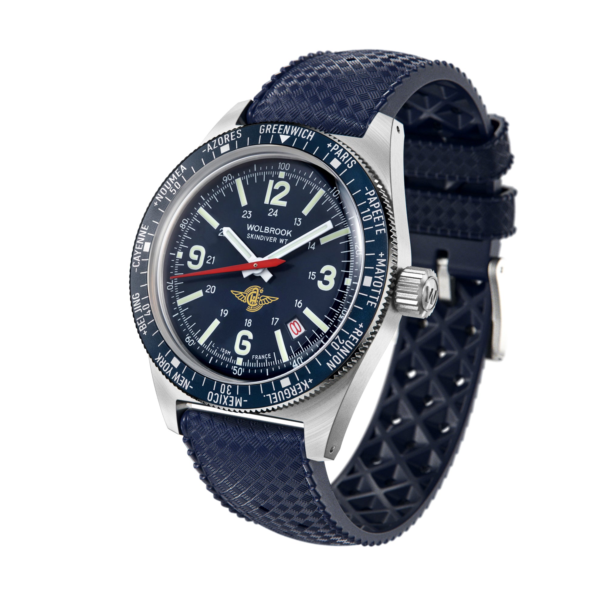 Wolbrook Skindiver WT Automatic Aéro-Club de France Special Edition blue Tropic strap angled view