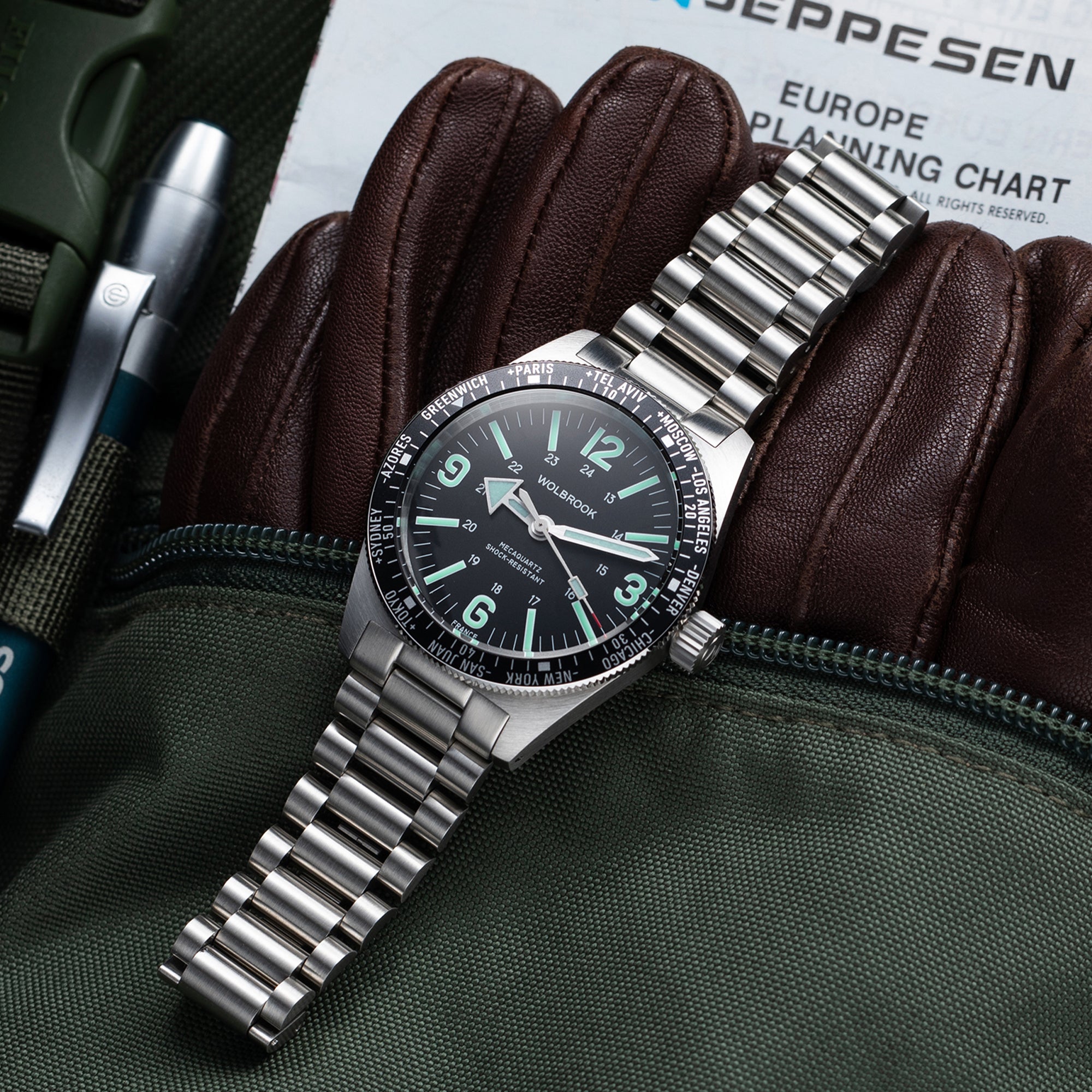 Skindiver WT Mecaquartz Watch - Green Lum & Steel Bezel with Black Aluminum Insert