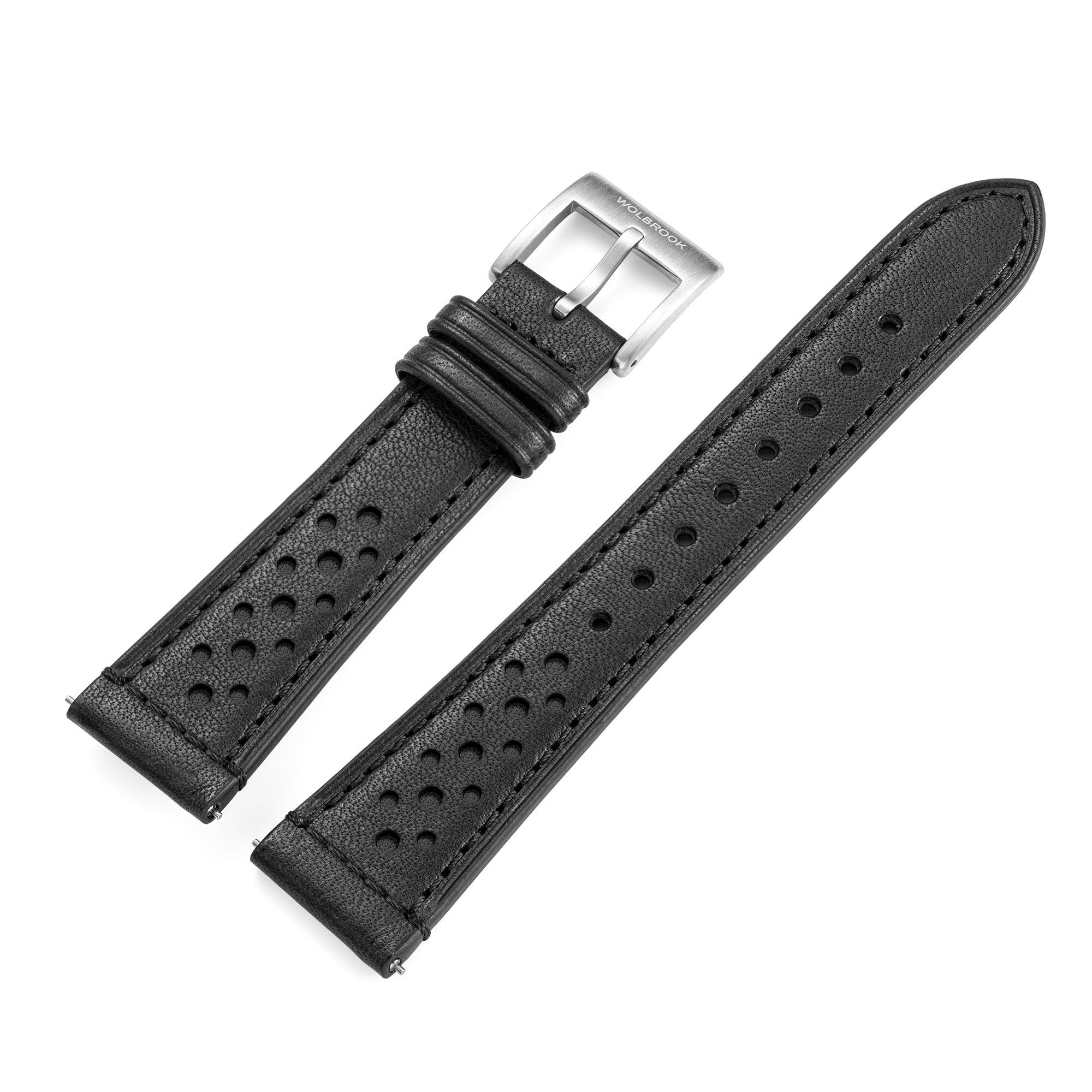 Two-Piece Black Rally Leather Strap & Steel Buckle for Racing Watch