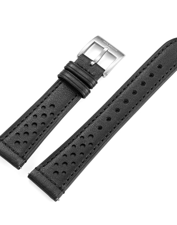 Two-Piece Black Rally Leather Strap & Steel Buckle for Racing Watch