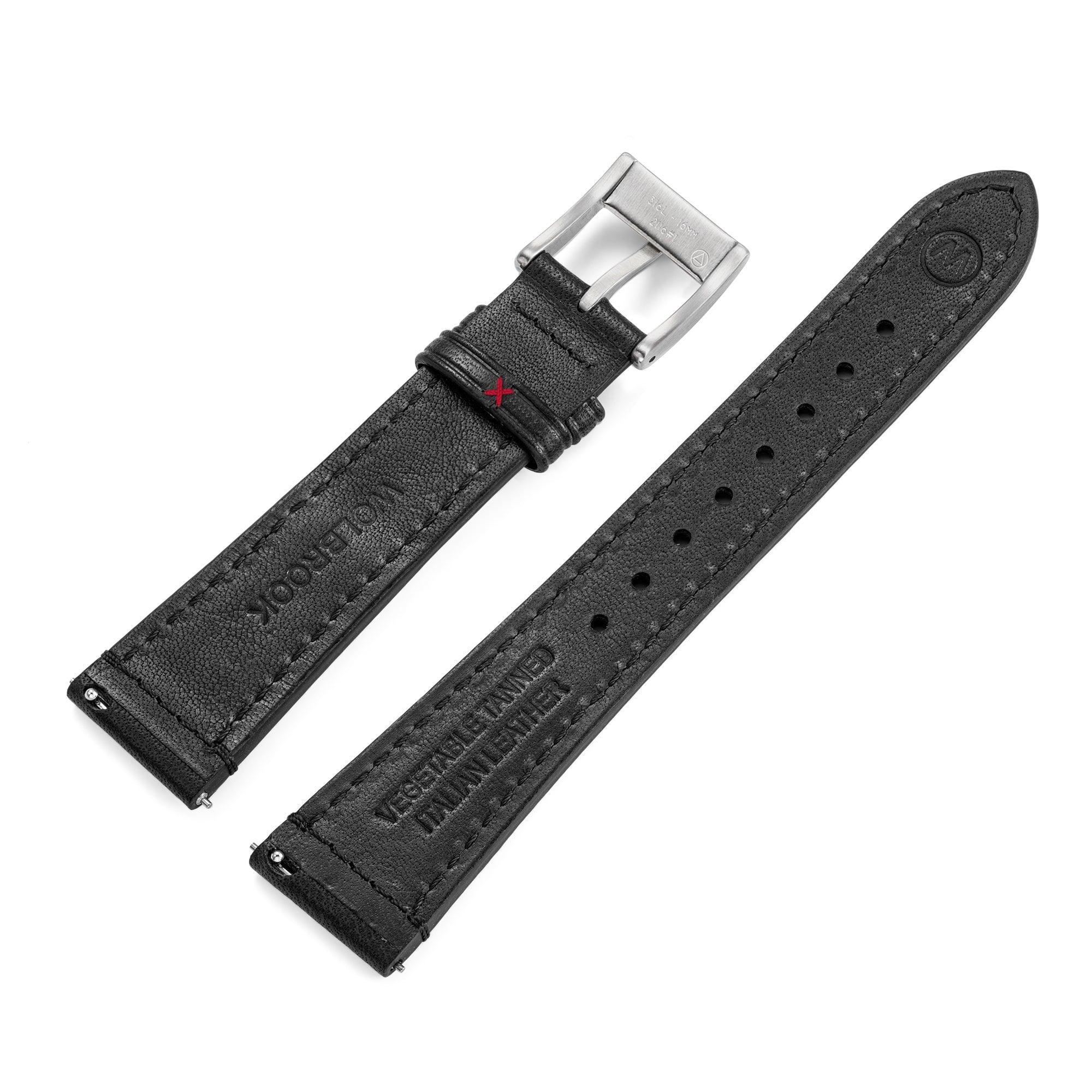 Two-Piece Black Rally Leather Strap & Steel Buckle for Racing Watch