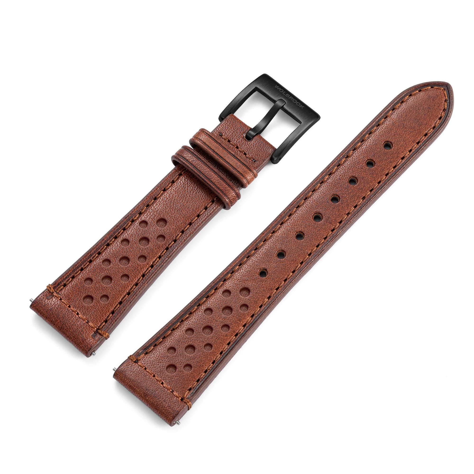 Two-Piece Brown Rally Leather Strap & Black PVD Steel Buckle for Racing Watch