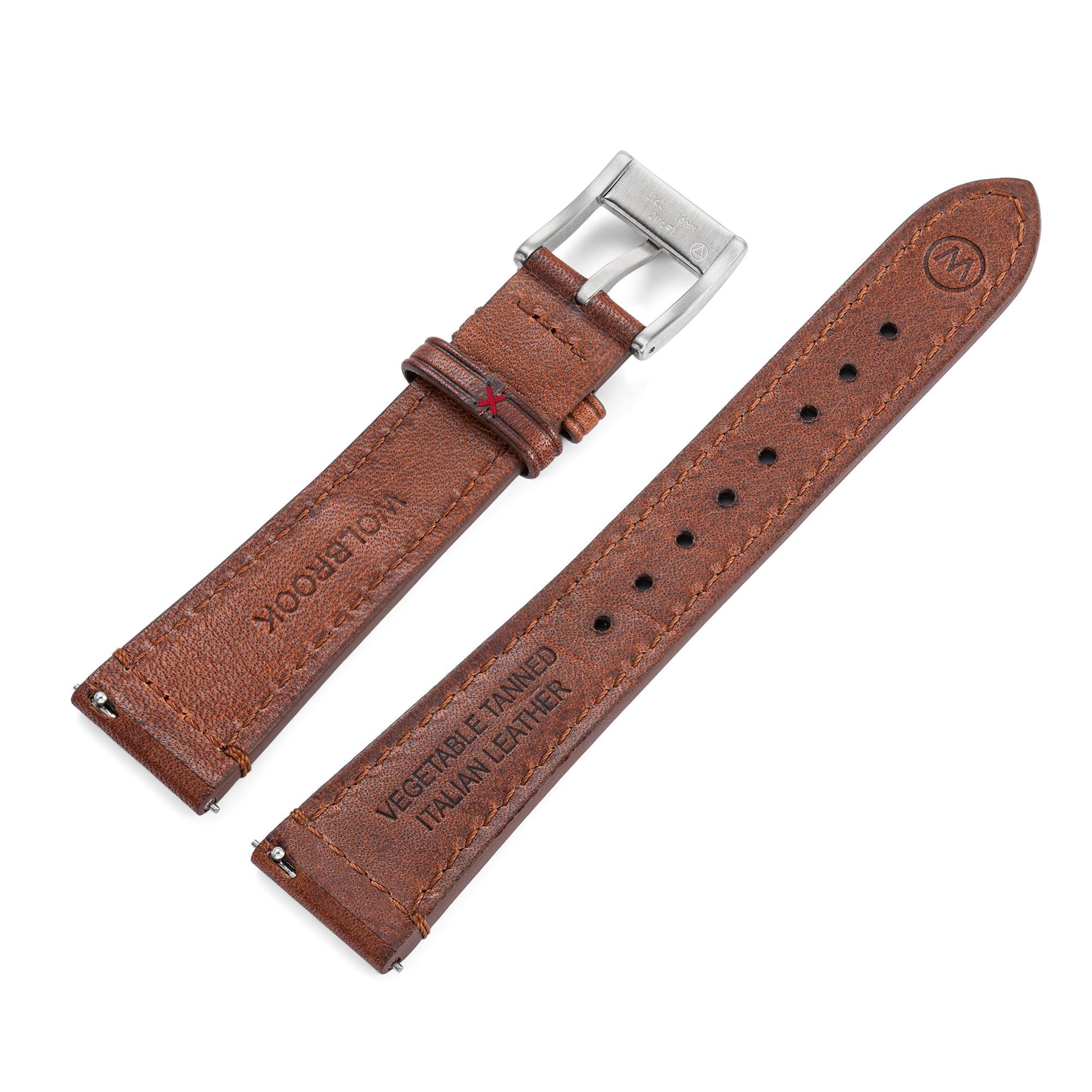 Two-Piece Brown Rally Leather Strap & Steel Buckle for Racing Watch