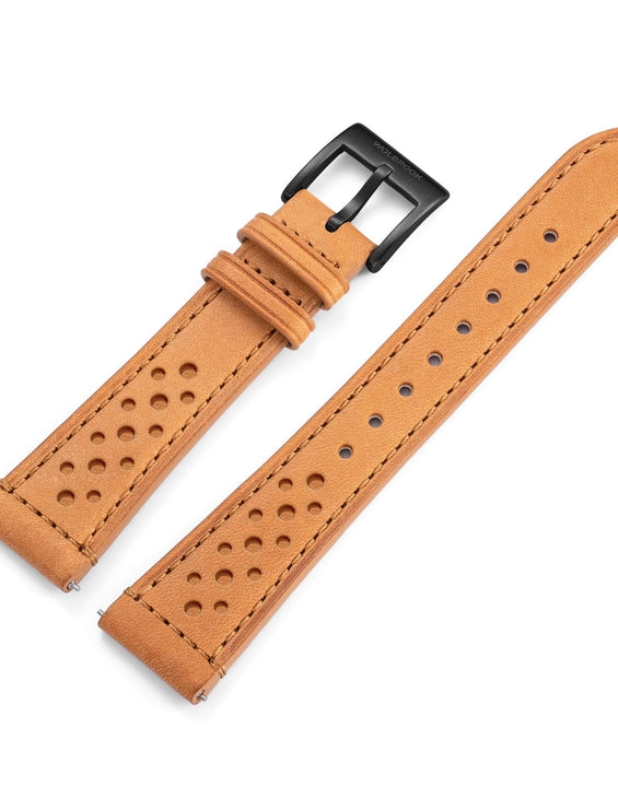 Two-Piece Camel Rally Leather Strap & Black PVD Steel Buckle for Racing Watch