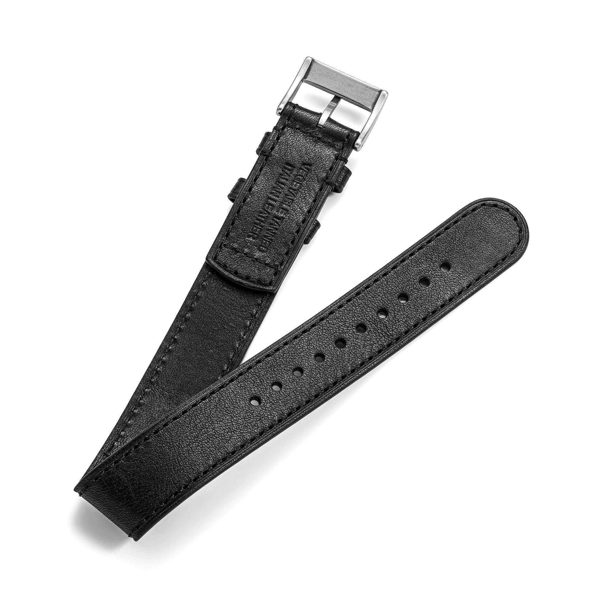 20mm black one-piece leather  watch band with steel buckle Back View