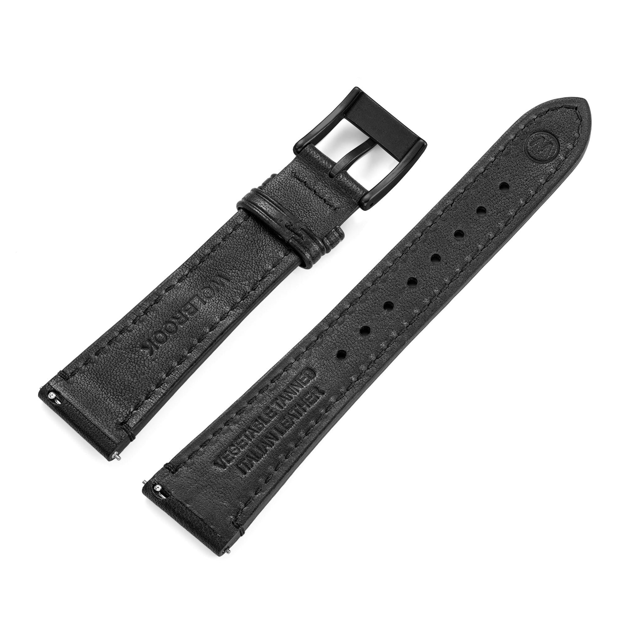 Two-Piece Black Leather Strap & Black PVD Buckle