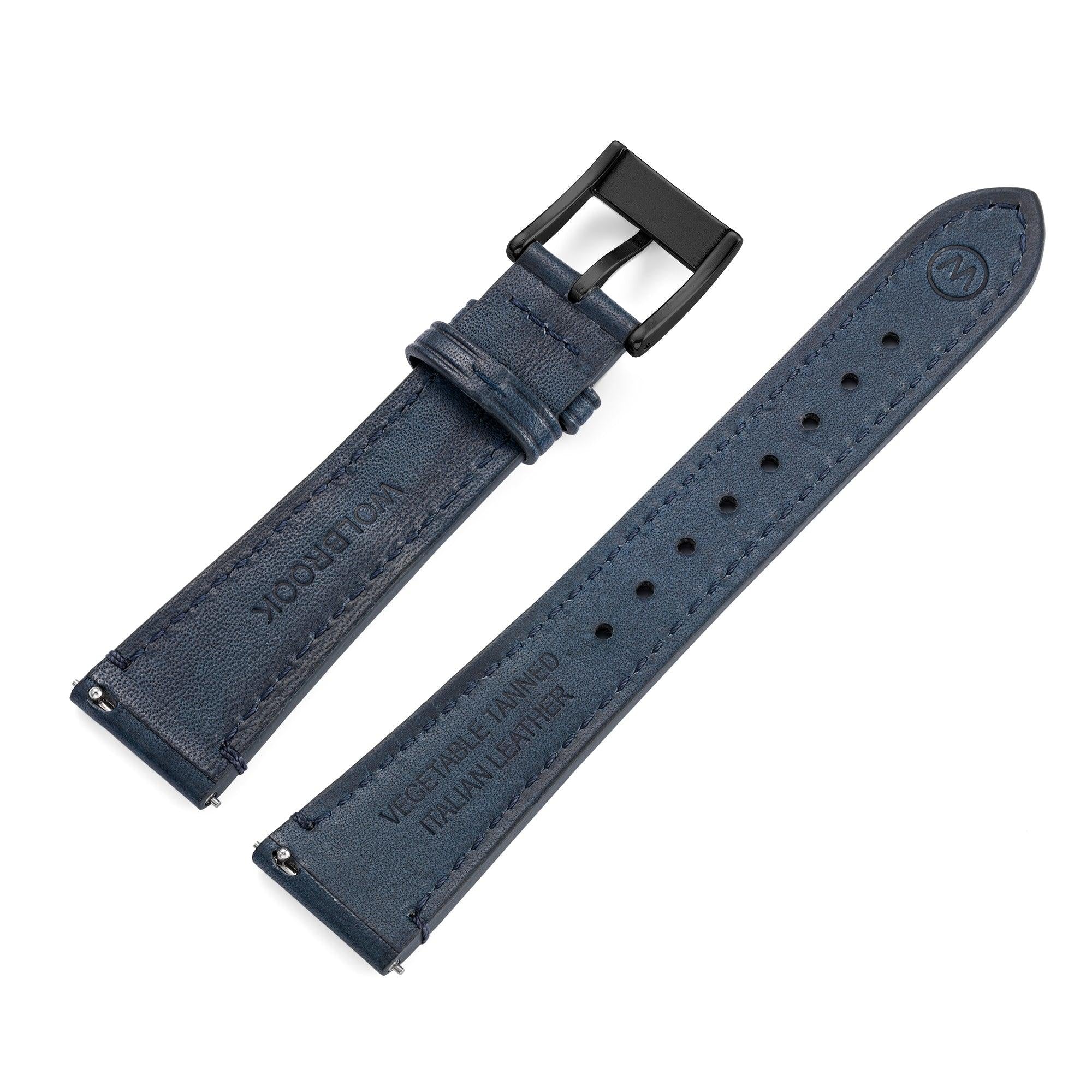 Two-Piece Blue Leather Strap & Black PVD Buckle