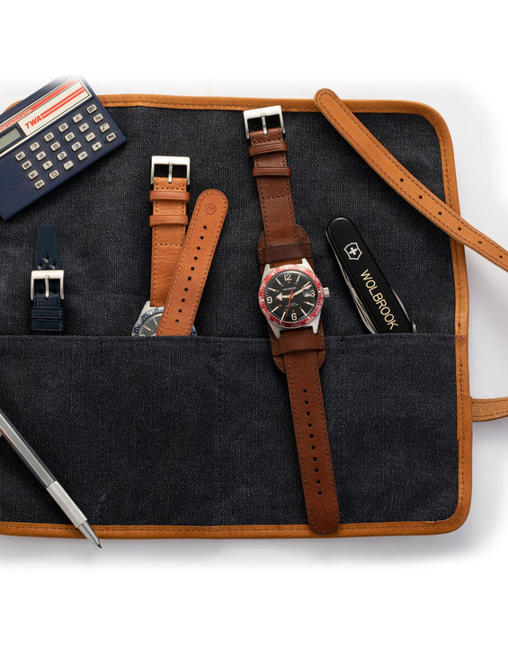 Blue Canvas & Leather Watch Roll for 4 Watches