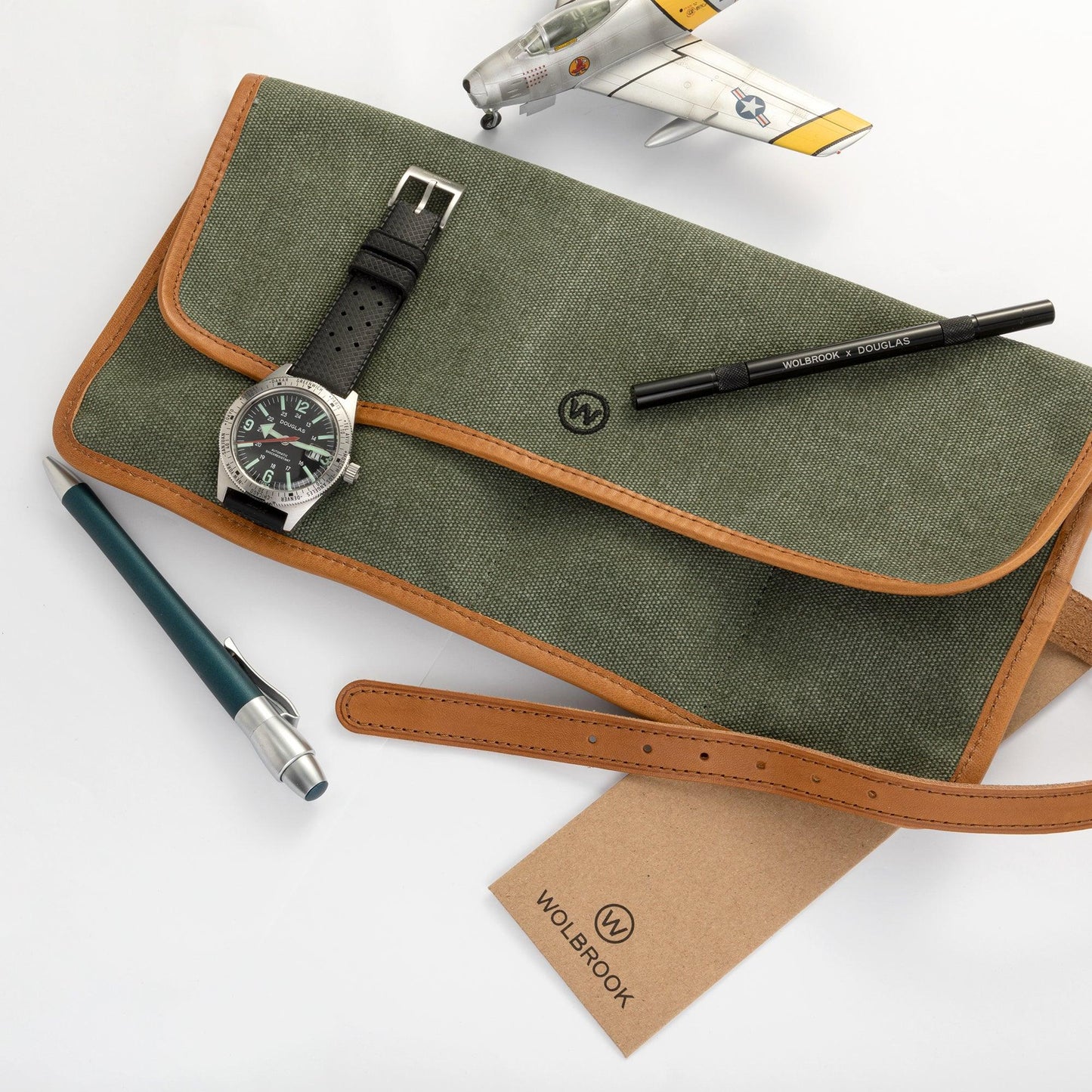Green Military Canvas & Leather Watch Roll for 4 Watches opened