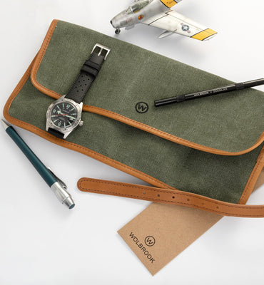Green Military Canvas & Leather Watch Roll for 4 Watches