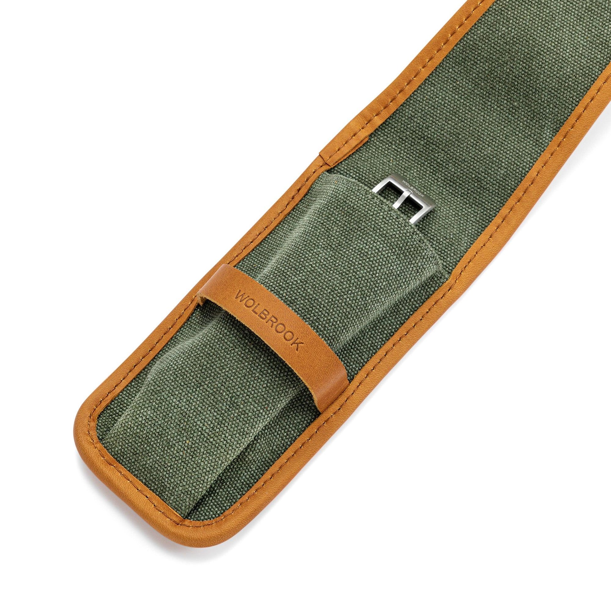 Green Canvas & Brown Leather Single Watch Pouch - Wolbrook Watches