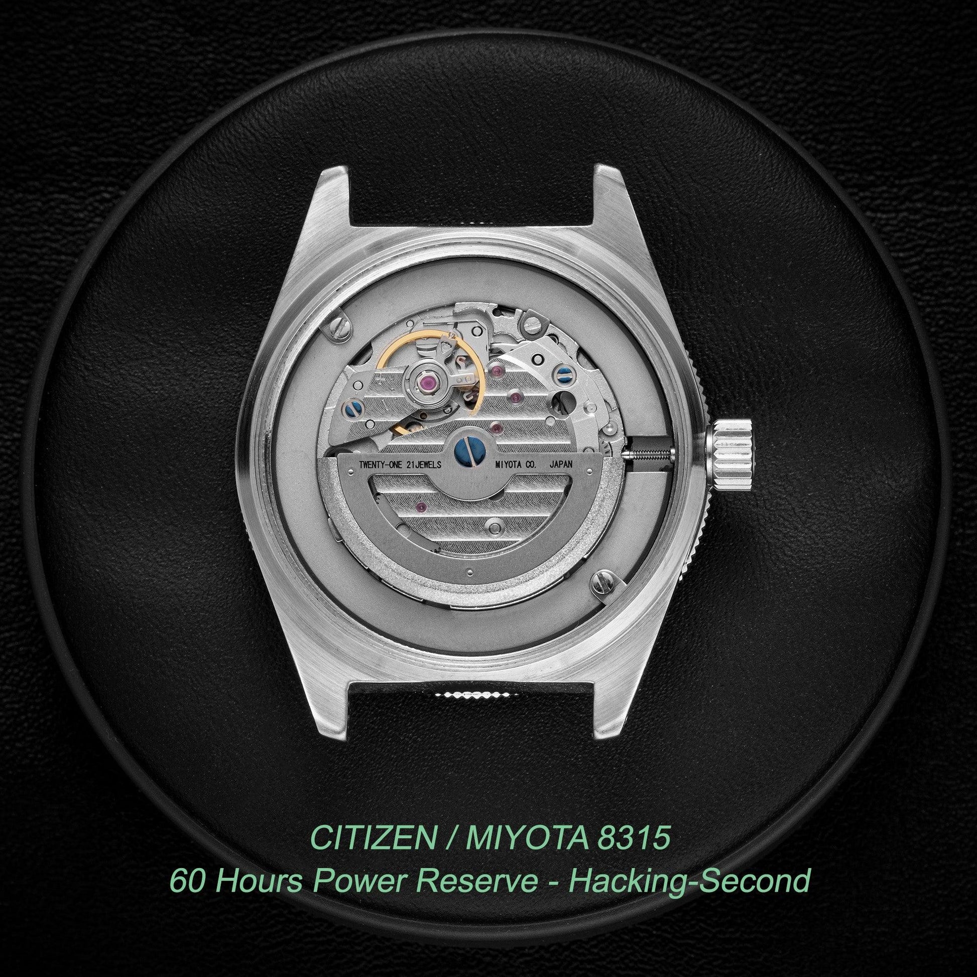 Miyota 8315 with 60 hours power reserve and hacking-second by Citizen