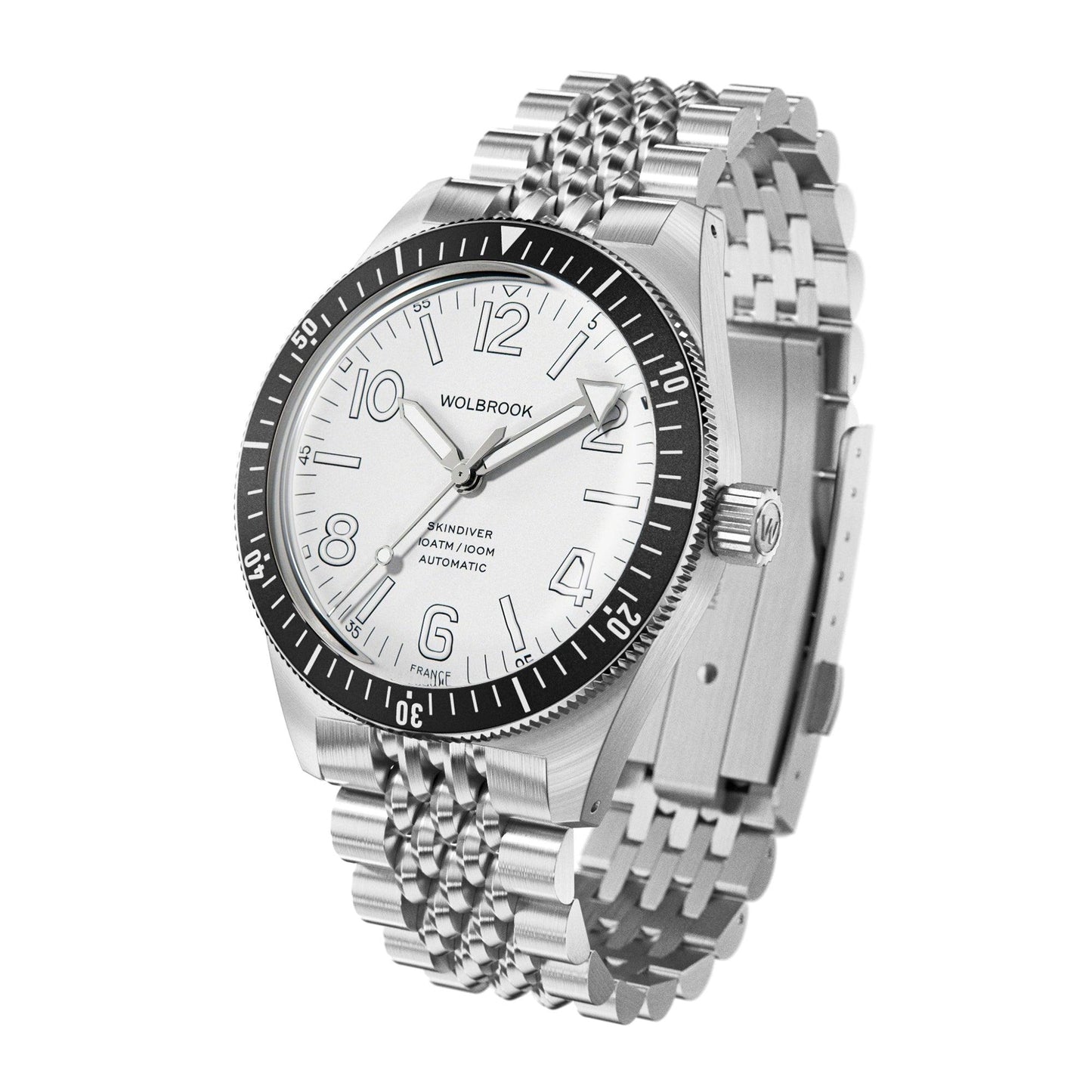 Skindiver Automatic Bracelet Watch – White Dial & Black Bezel - Wolbrook Watches