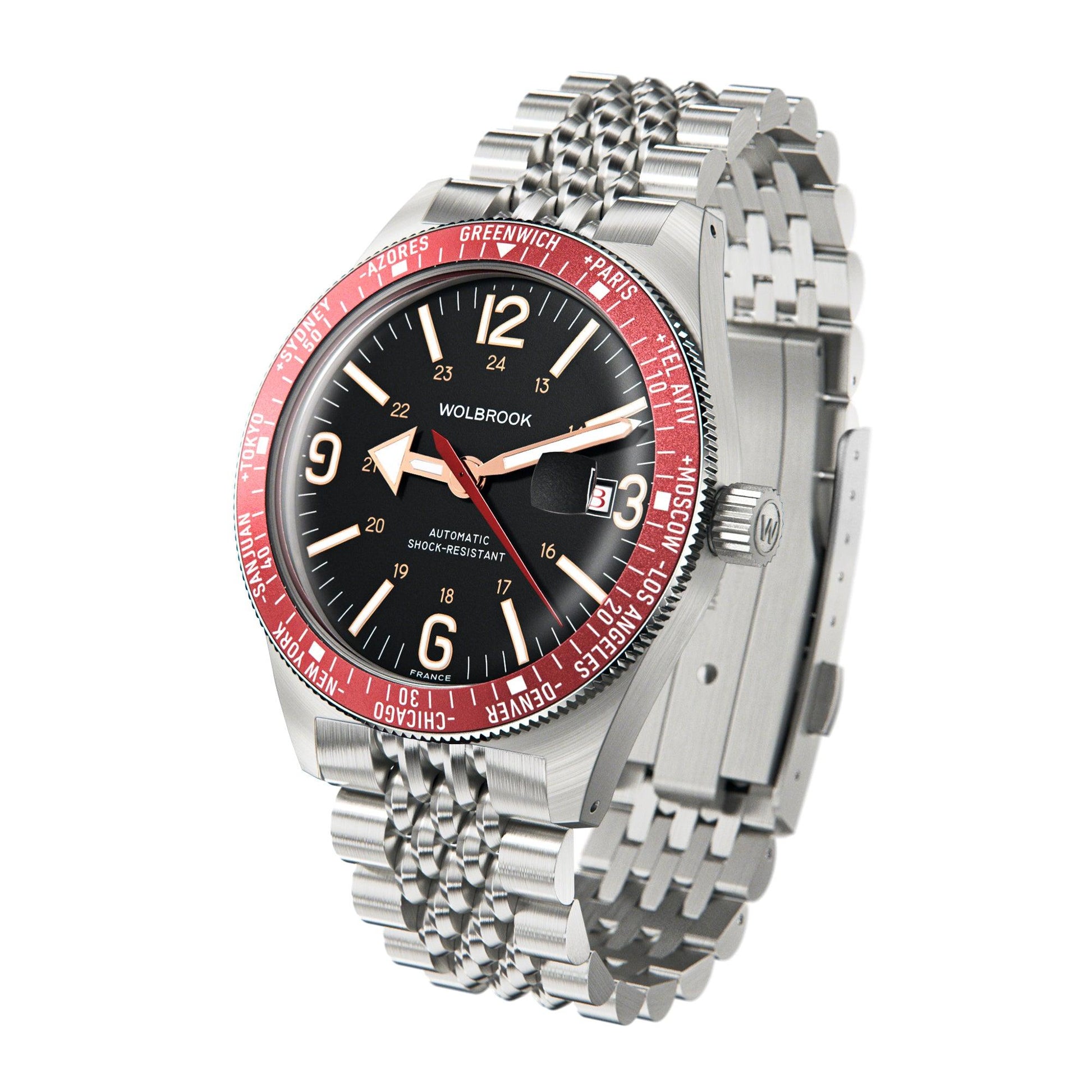 Skindiver WT Automatic Bracelet Watch - Red Bezel & Steel - Wolbrook Watches