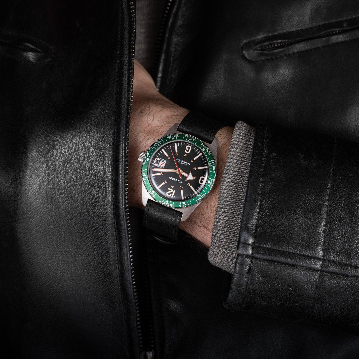 Skindiver WT Automatic Vintage Dial, Rose Gold Hands and Green Bezel on a wrist
