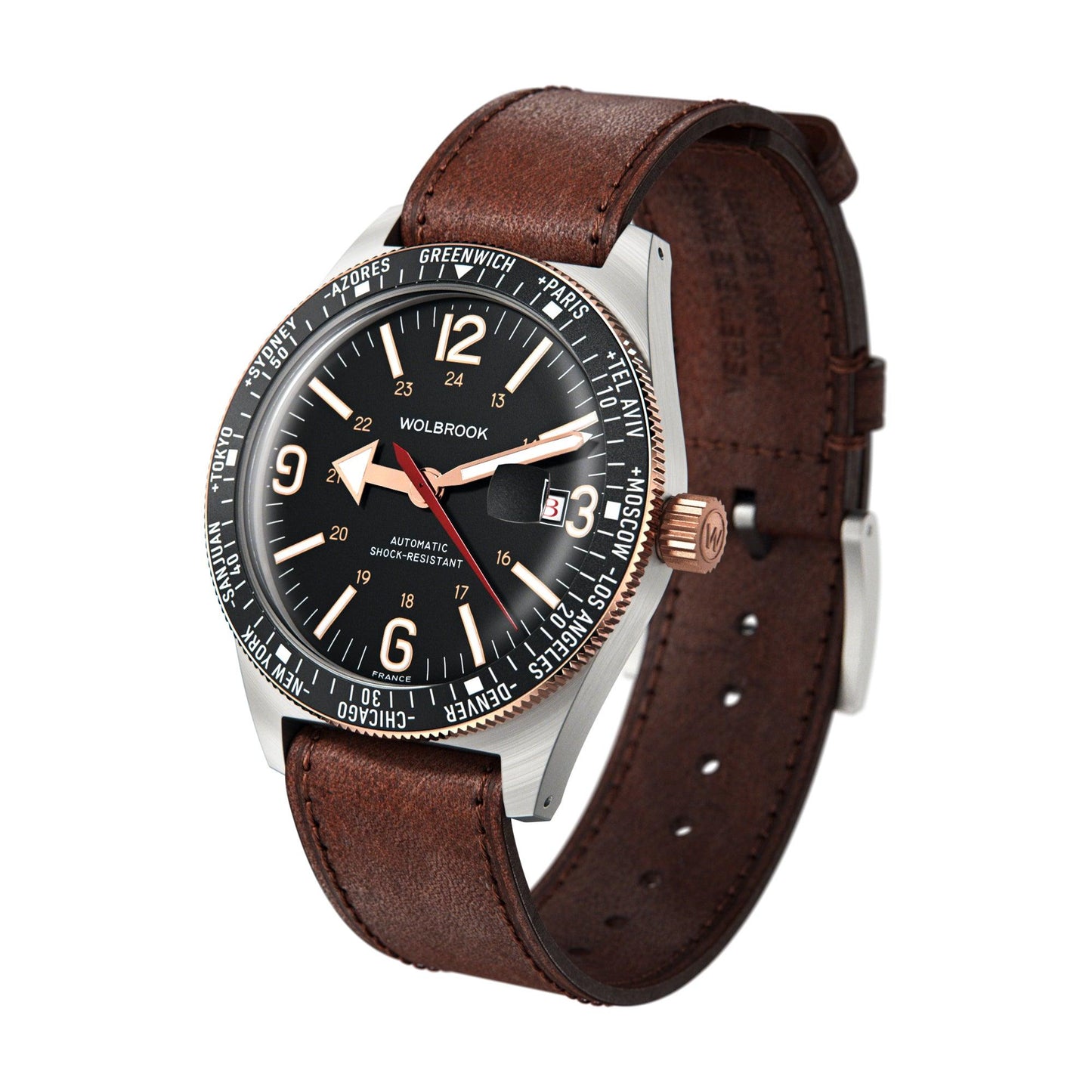 Skindiver WT Automatic Two-Tone, Black Dial with Vintage Accents and Rose Gold Hands 3/4 view