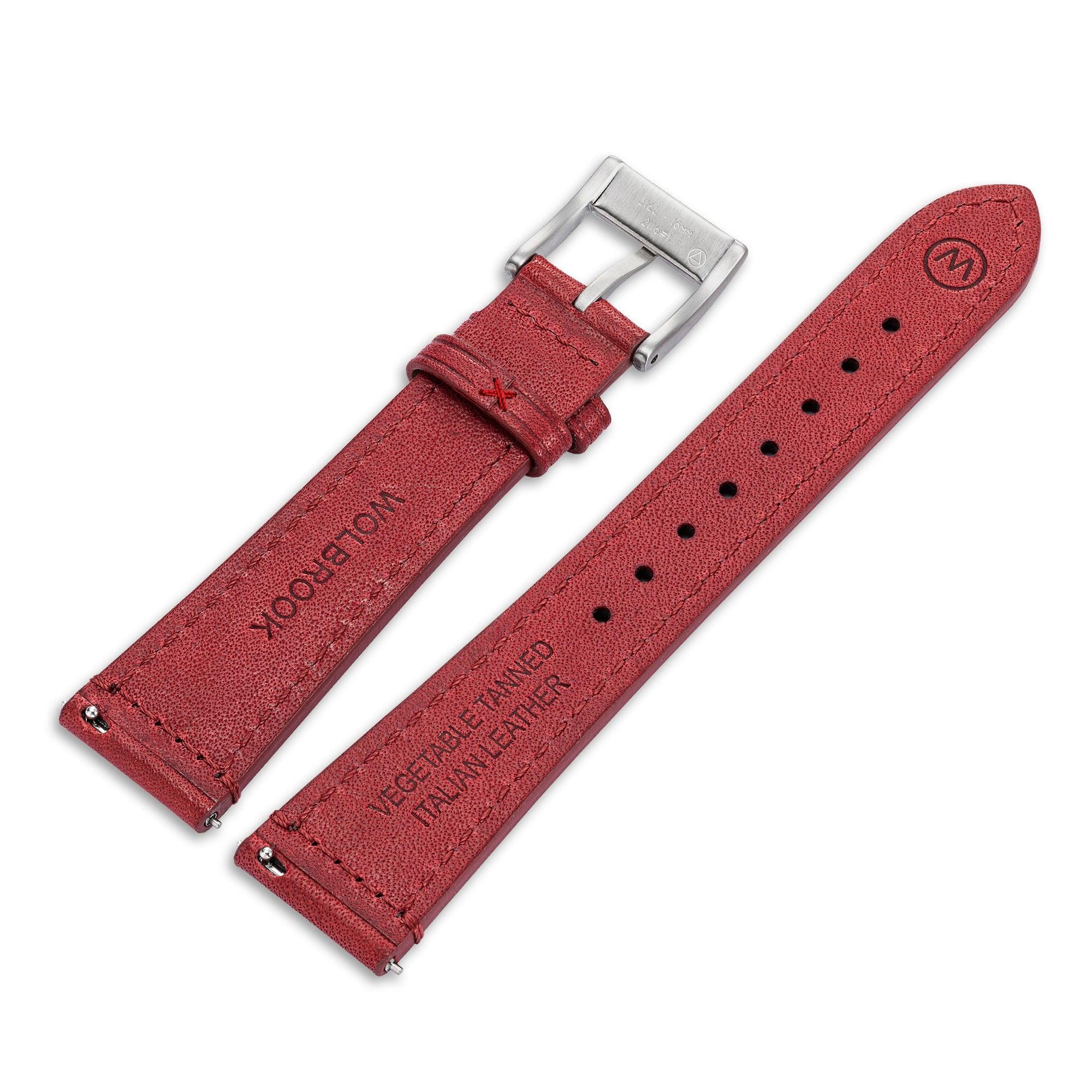 Two-Piece Red Leather Strap & Steel Buckle for Field Watch