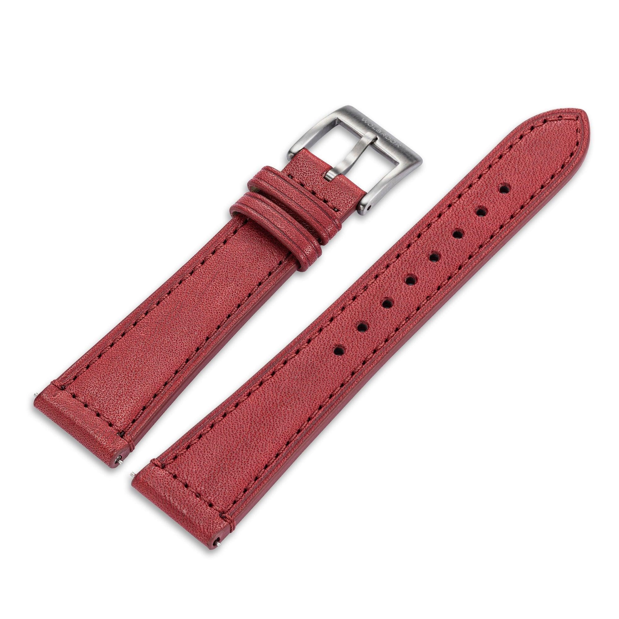 Two-Piece Red Leather Strap & Steel Buckle for Field Watch