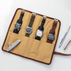 Camel Canvas & Leather Watch Roll for 4 Watches
