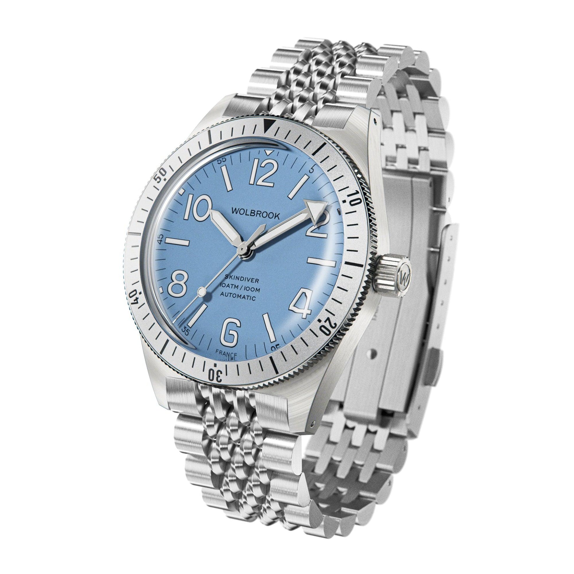 Skindiver Automatic Bracelet Watch – Sky Blue & Silver Bezel - Wolbrook Watches