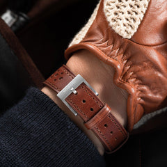 Two-Piece Brown Rally Leather Strap & Steel Buckle for Racing Watch