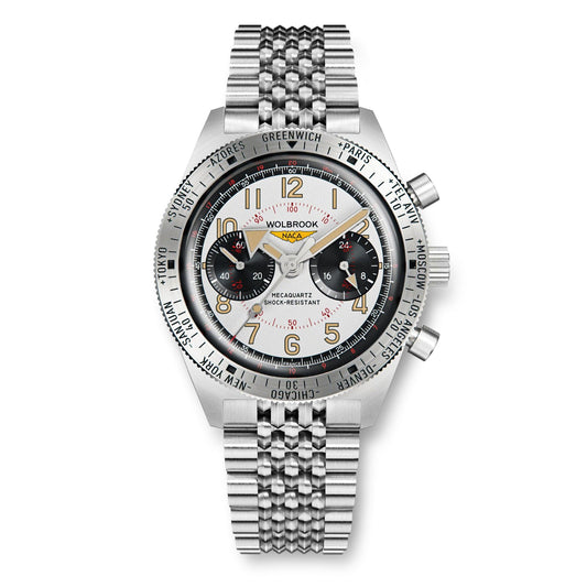 Skindiver WTD Chrono-Mecaquartz - Telemeter & Decimeter Panda Bracelet Chronograph - NACA Edition - Wolbrook Watches