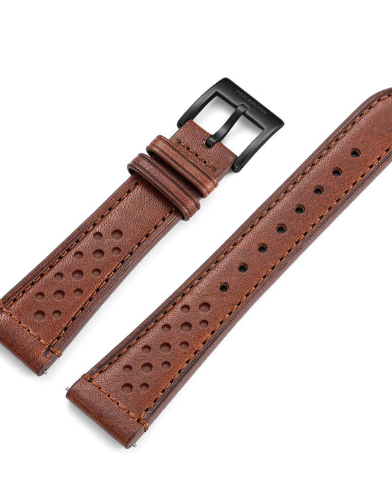 Two-Piece Brown Rally Leather Strap & Black PVD Steel Buckle for Racing Watch