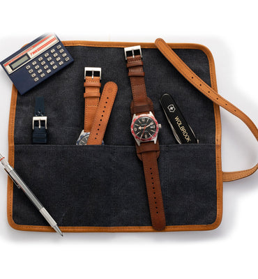 Blue Canvas & Leather Watch Roll for 4 Watches