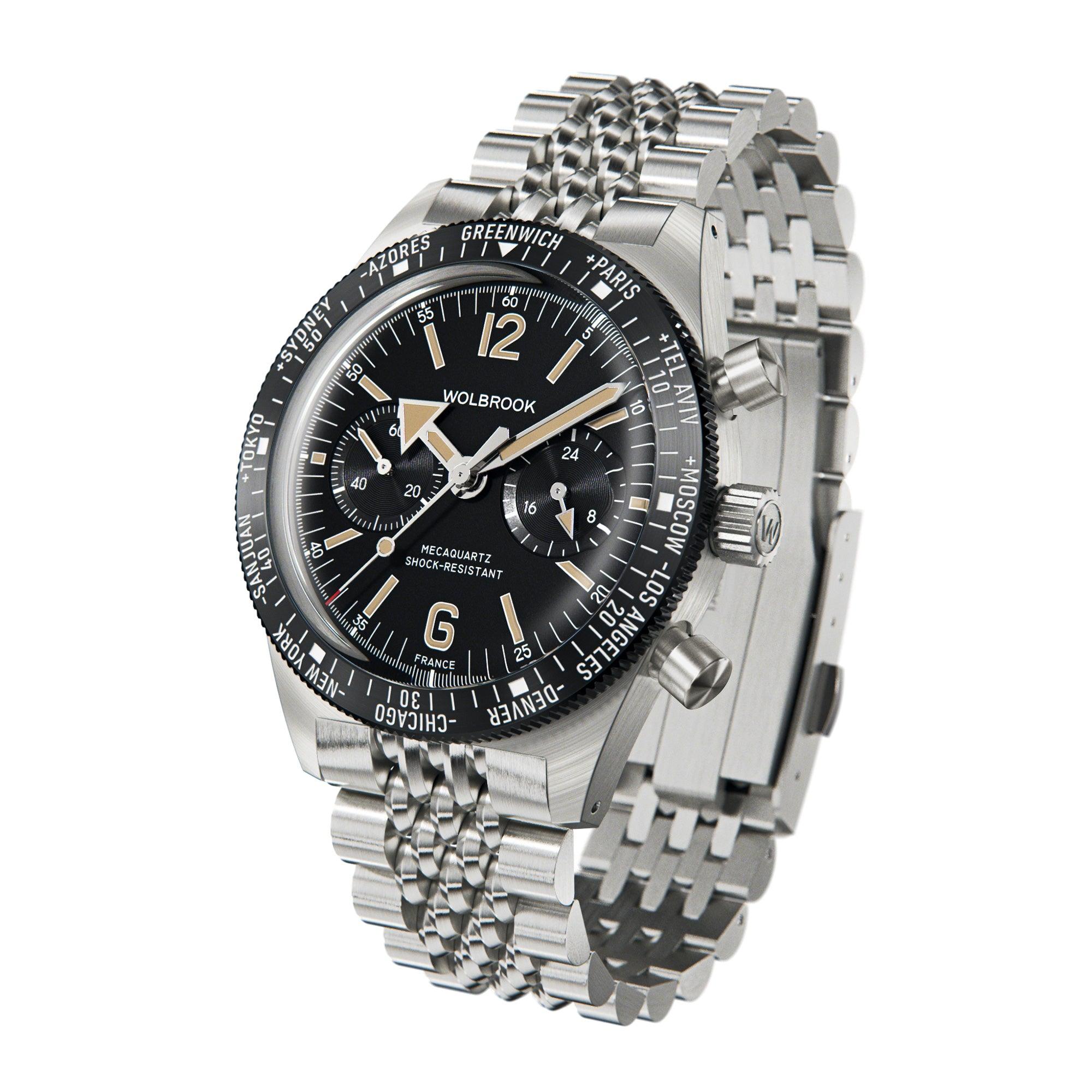 Skindiver WT Chrono-Mecaquartz Black Bezel Vintage Chronograph - Wolbrook Watches