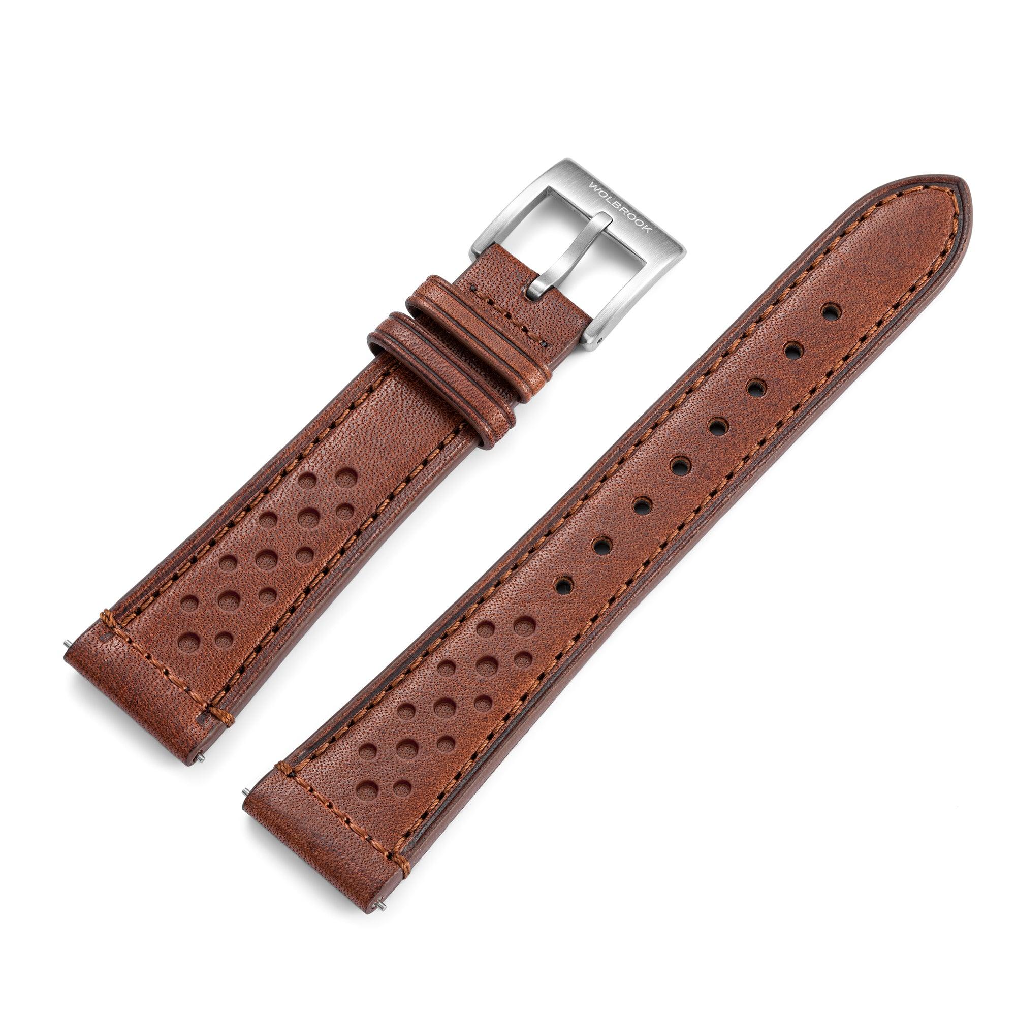 Two-Piece Brown Rally Leather Strap & Steel Buckle for Racing Watch