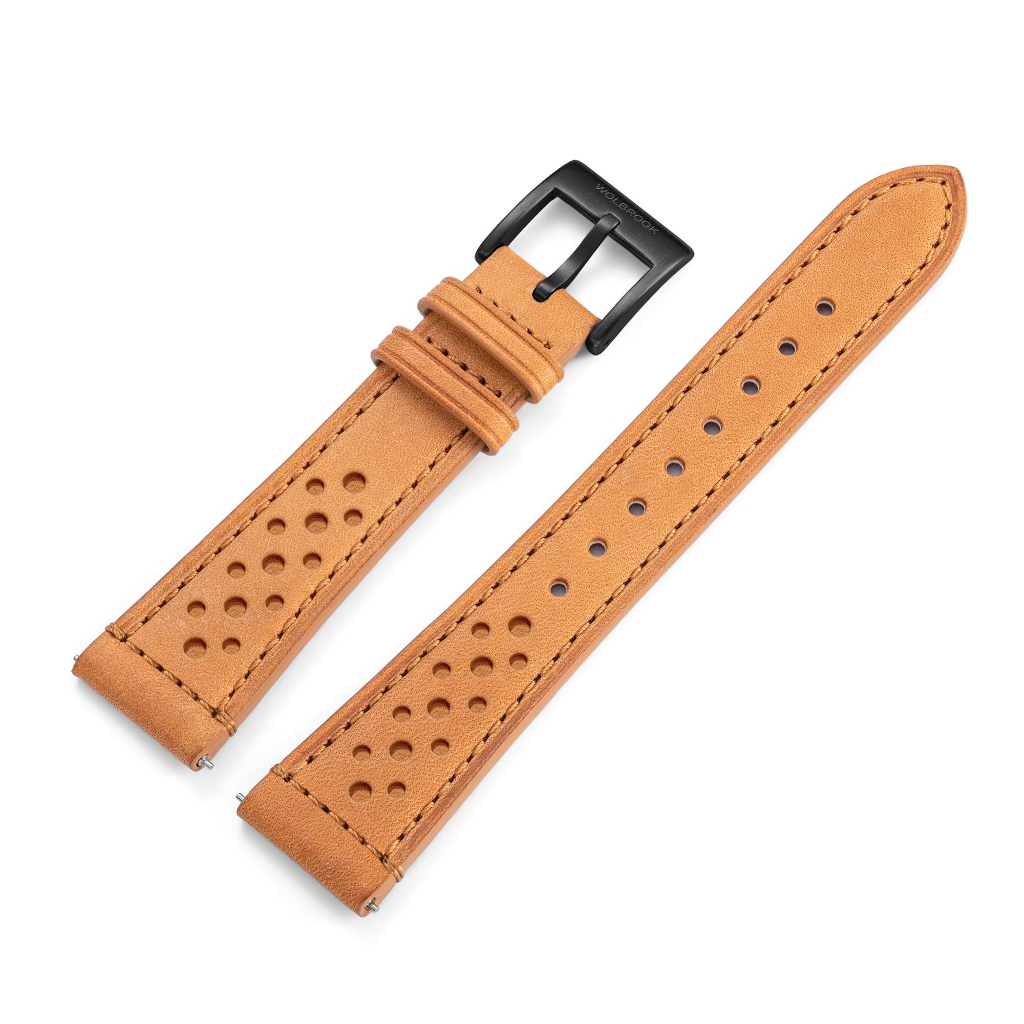 Two-Piece Camel Rally Leather Strap & Black PVD Steel Buckle for Racing Watch