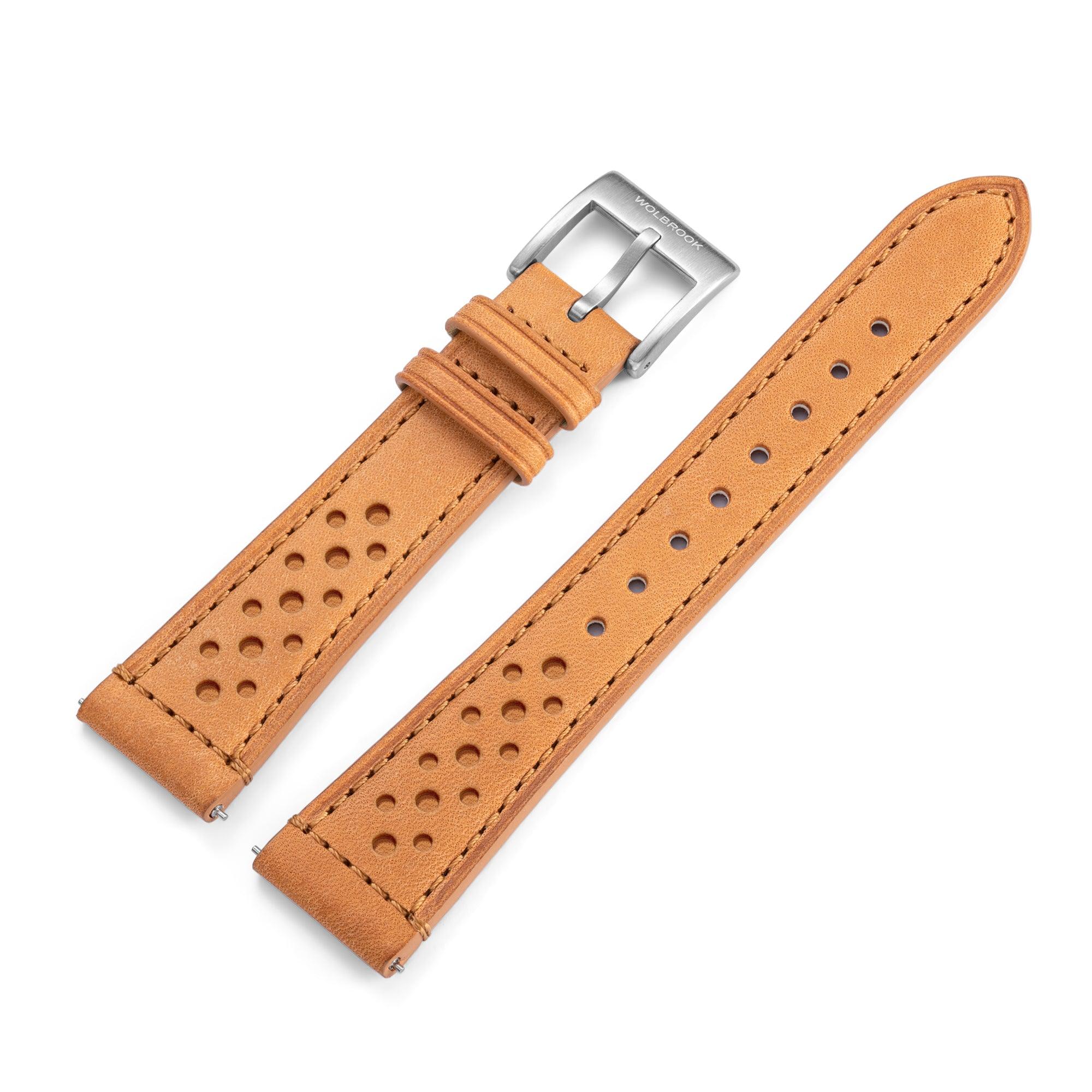 Two-Piece Camel Rally Leather Strap & Steel Buckle for Racing Watch