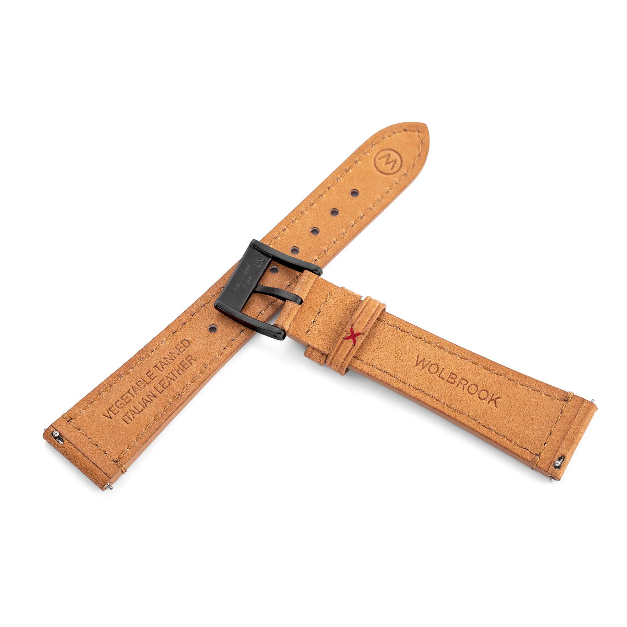 Two-Piece Camel Rally Leather Strap & Black PVD Steel Buckle for Racing Watch - Wolbrook Watches