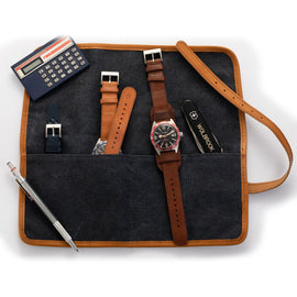 Blue Canvas & Leather Watch Roll for 4 Watches