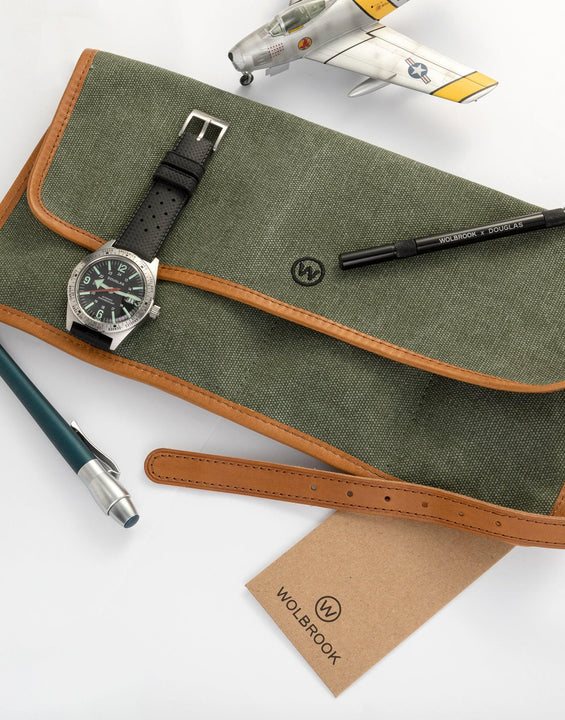 Green Military Canvas & Leather Watch Roll for 4 Watches