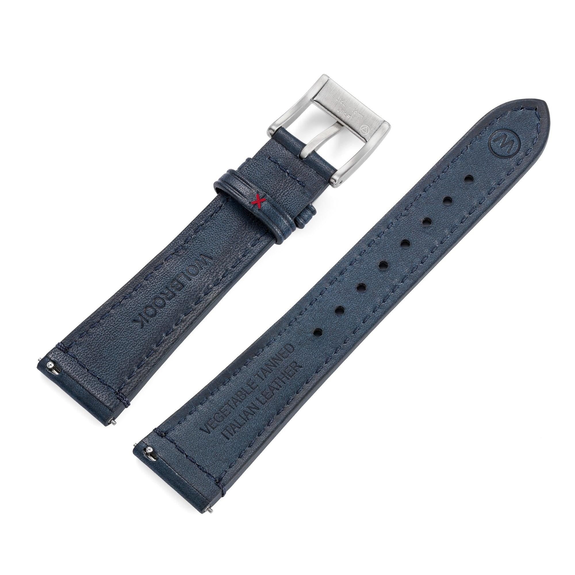 Two-Piece Blue Leather Strap & Steel Buckle for Field Watch