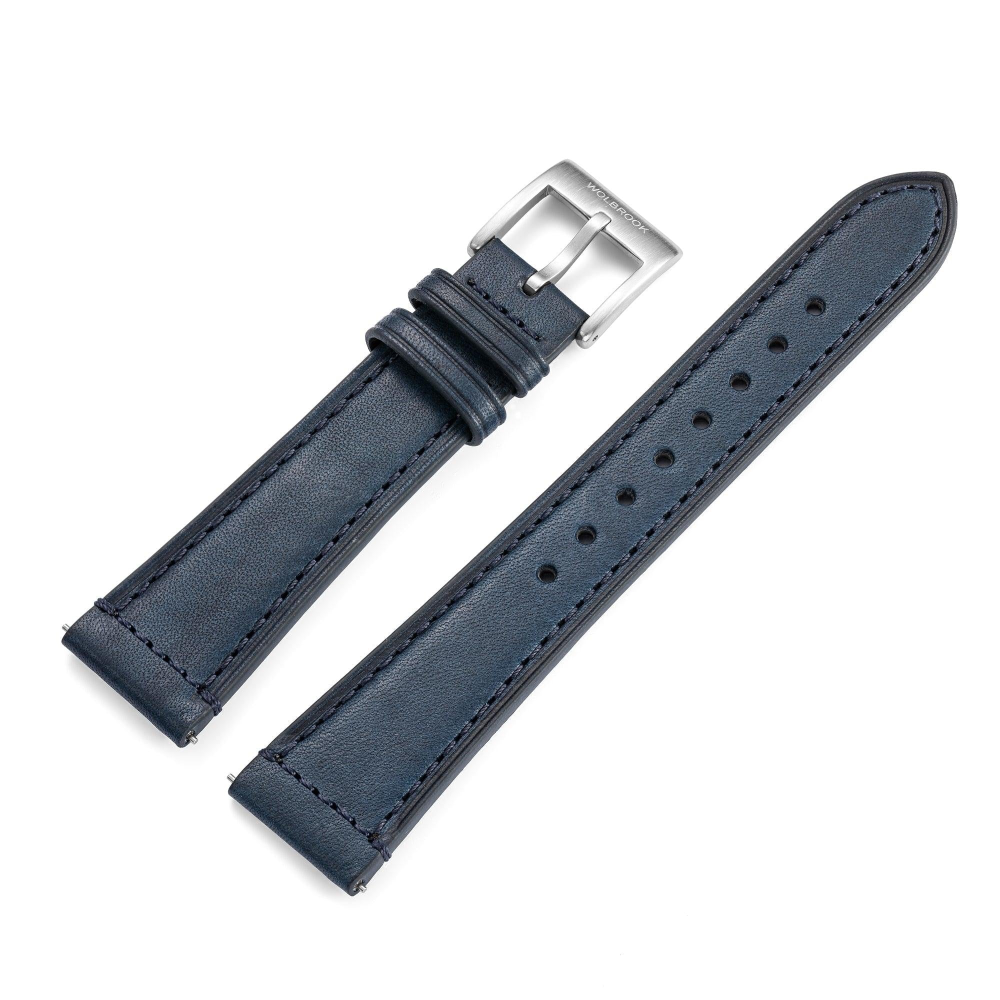 Two-Piece Blue Leather Strap & Steel Buckle for Field Watch