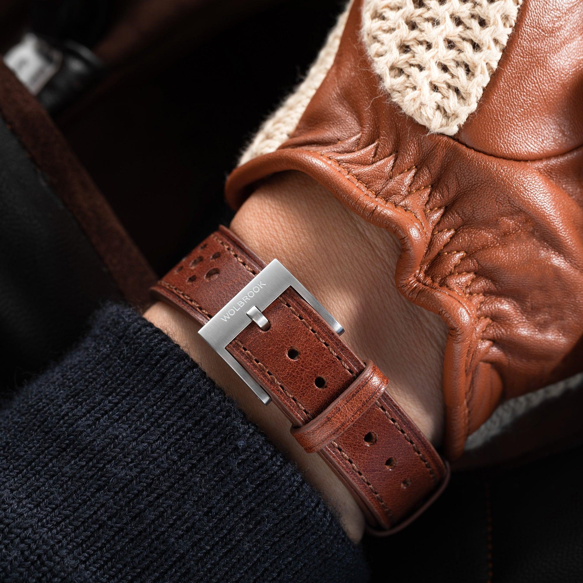 Two-Piece Brown Rally Leather Strap & Steel Buckle for Racing Watch - Wolbrook Watches