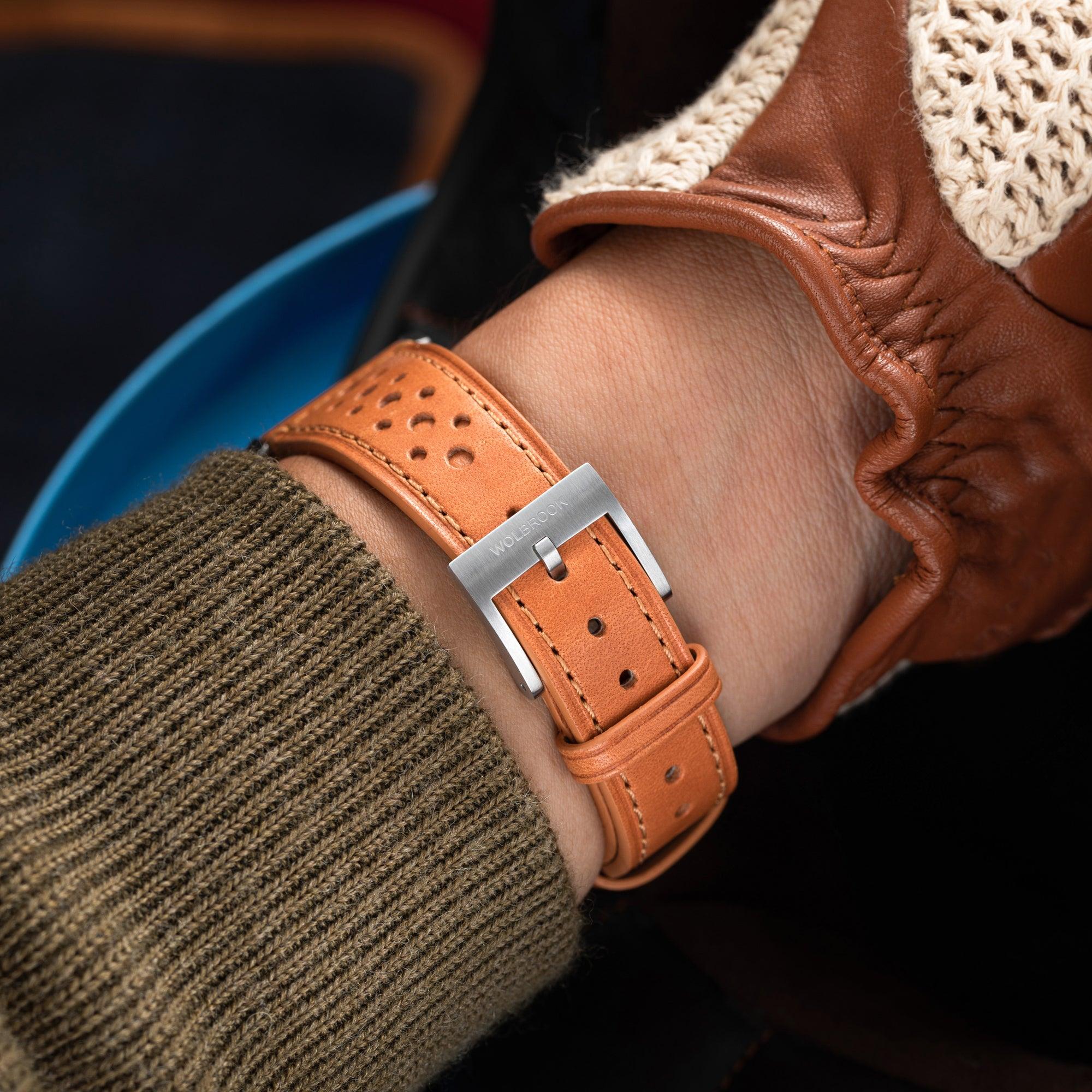 Two-Piece Camel Rally Leather Strap & Steel Buckle for Racing Watch - Wolbrook Watches