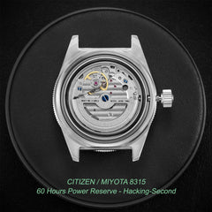 Miyota 8315 movement - Skindiver Automatic Watch - Vintage Lum & Black Dial - Wolbrook Watches